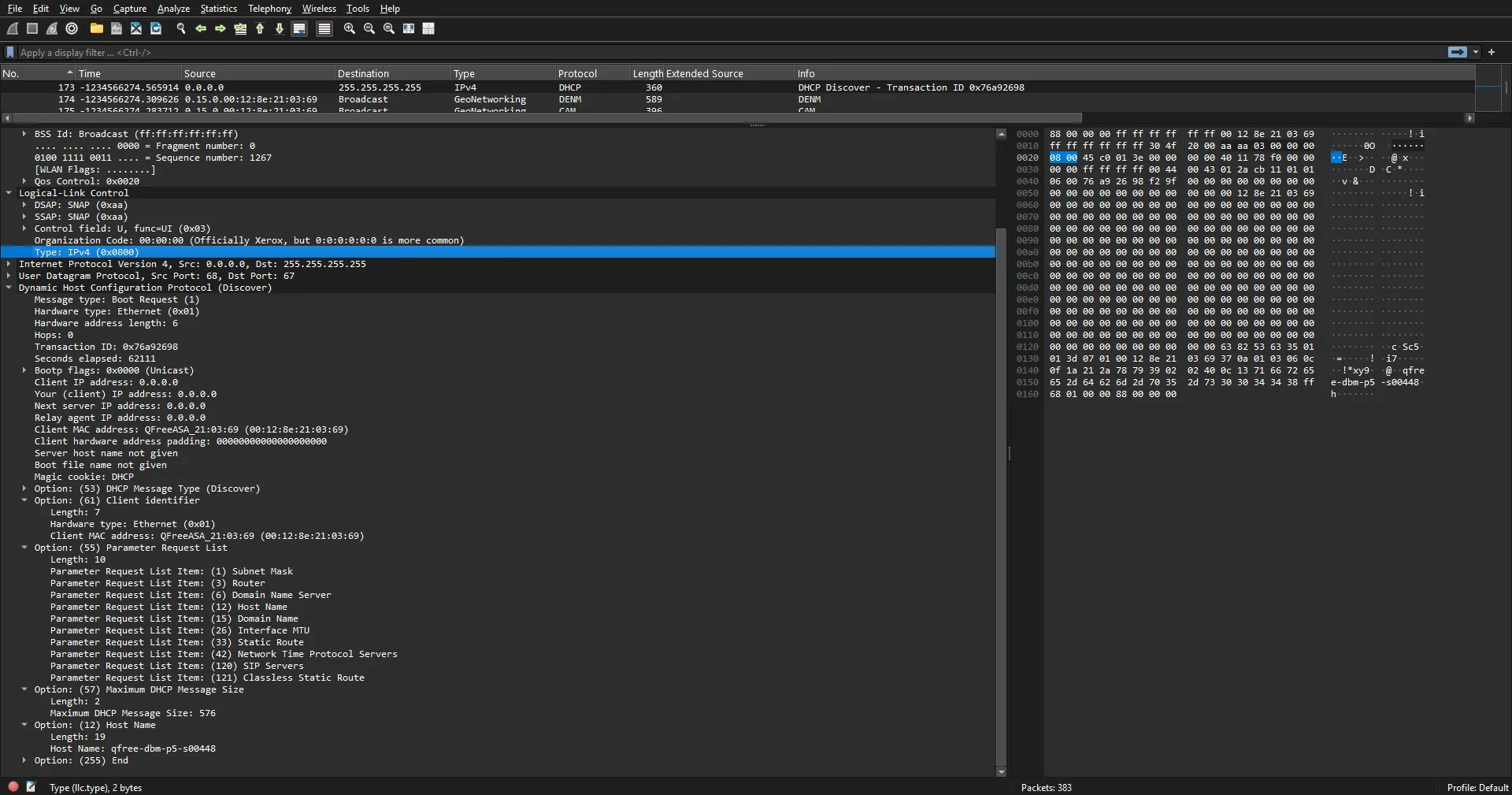 Screenshot of Wireshark showing a DHCP Request packet by qfree-dbm-p5-s00448
